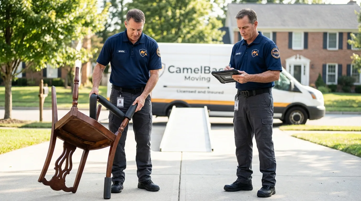 Movers inspecting furniture for damage prevention before loading in Catasauqua, PA
